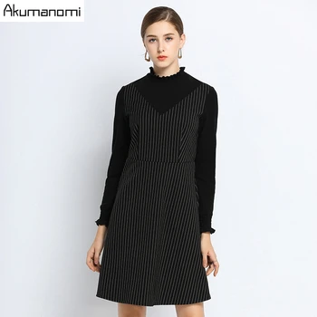 

Plus Size 5XL-4xl Autumn Winter Black Thick Striped Dress Women Stand Long Sleeve Casual Elegant Office Party Dress Vestido Robe