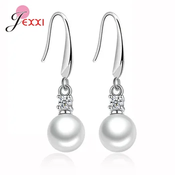 

Fashion Round Simulated Pearl 925 Sterling Silver Cubic Zircon Long Drop Earrings Bridal Wedding Eardrop Piercing Jewelry