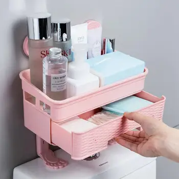 

Bathroom Shampoo Shower Gel Cosmetics Storage Basket With 2 Hooks 2 Layers Drawer Type Toilet Storage Rack Organizer