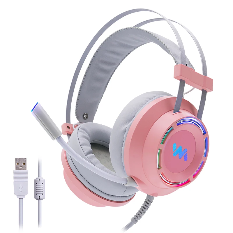 Игровые наушники гарнитура розового цвета с микрофоном проводная USB-гарнитура 7 1