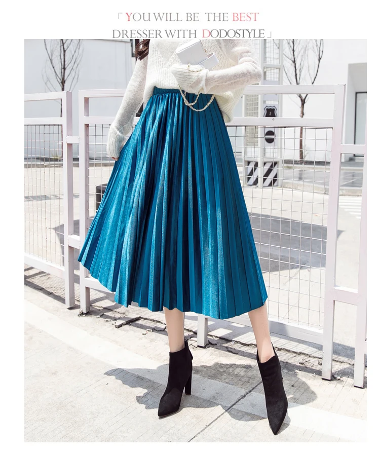Новинка, зимние женские модные юбки, длинные серебристые плиссированные юбки с высокой талией, эластичные Повседневные Вечерние винтажные юбки