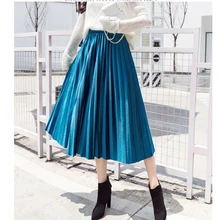 Новинка, зимние женские модные юбки, длинные серебристые плиссированные юбки с высокой талией, эластичные Повседневные Вечерние винтажные юбки