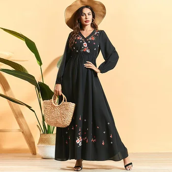 

Bosmiya black long skirt V-neck waist embroidered flower long sleeve fashion casual dress Saudi Arabia Muslim women long skirt