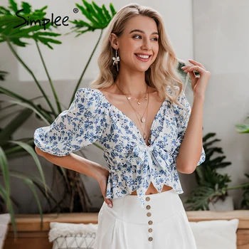 

Simplee Sexy boho floral print women blouse shirt Vintage holiday beach summer v neck lantern sleeve tops Party cute tie blsus