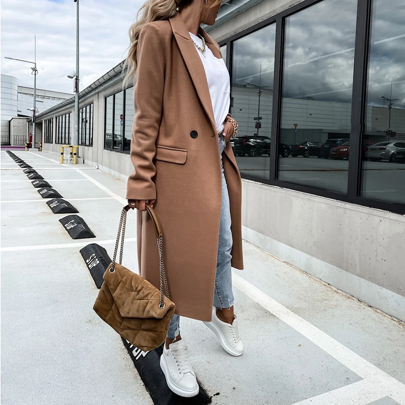 puffy coats Lady Fashion Long Sleeve Outerwear Elegant Autumn Winter 2021 Long Overcoat Women Casual Loose Turn-Down Collar Woolen Coat Tops ladies long puffer coat