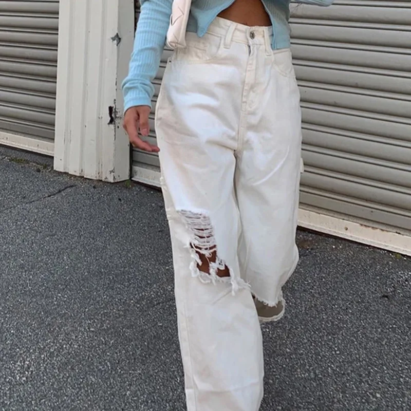 Ripped White Jeans Women Cargo Pants 