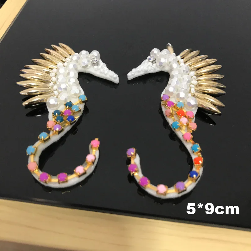 

1Pair Handmade Sea Horse Rhinestone Beaded Applique Patches Sew on Sequins Patches for DIY Clothes Shoes
