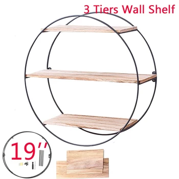 

Retro Industrial Style Round Wall Shelf Wood Metal Wall Shelf Rack Storage Decoration Home Decor for Bedroom Stydy Living Room