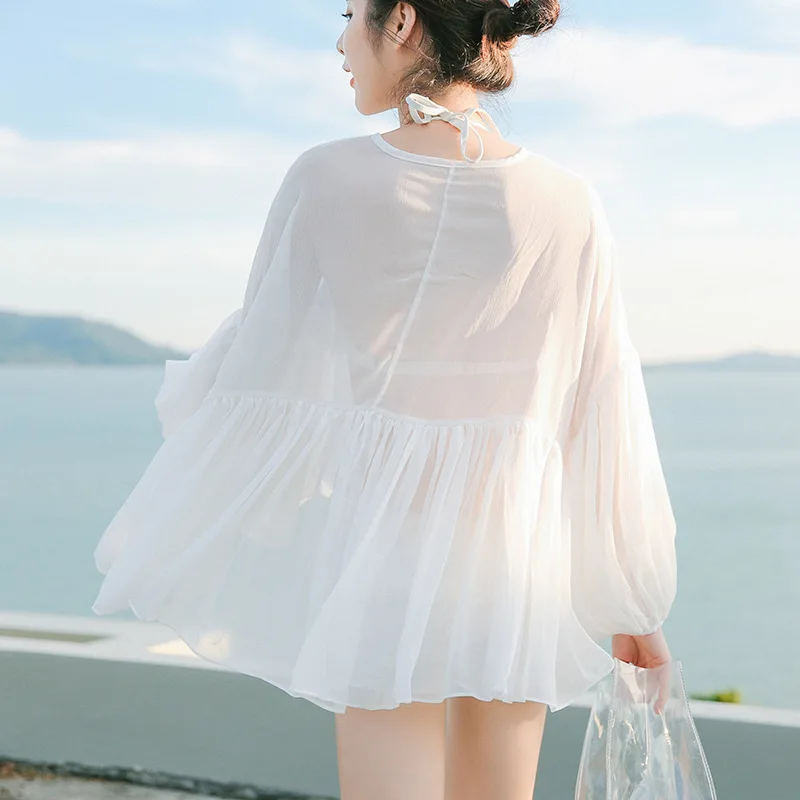 

White Little Fairy Sexy Bikini Three-piece Set Small Bust Lace xian feng Full Boxer Belly Covering Slimming Hot Springs Bathing