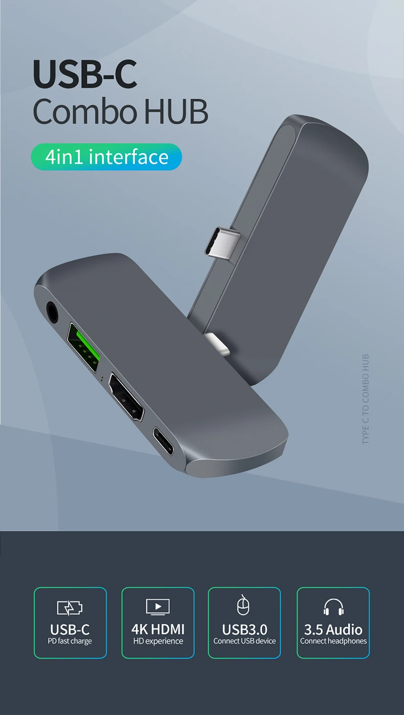4 в 1 многопортовый USB C концентратор, 4 порта type C адаптер с HDMI USB3.0 PD 3,5 мм аудио для Macbook, больше устройств с интерфейсом type C