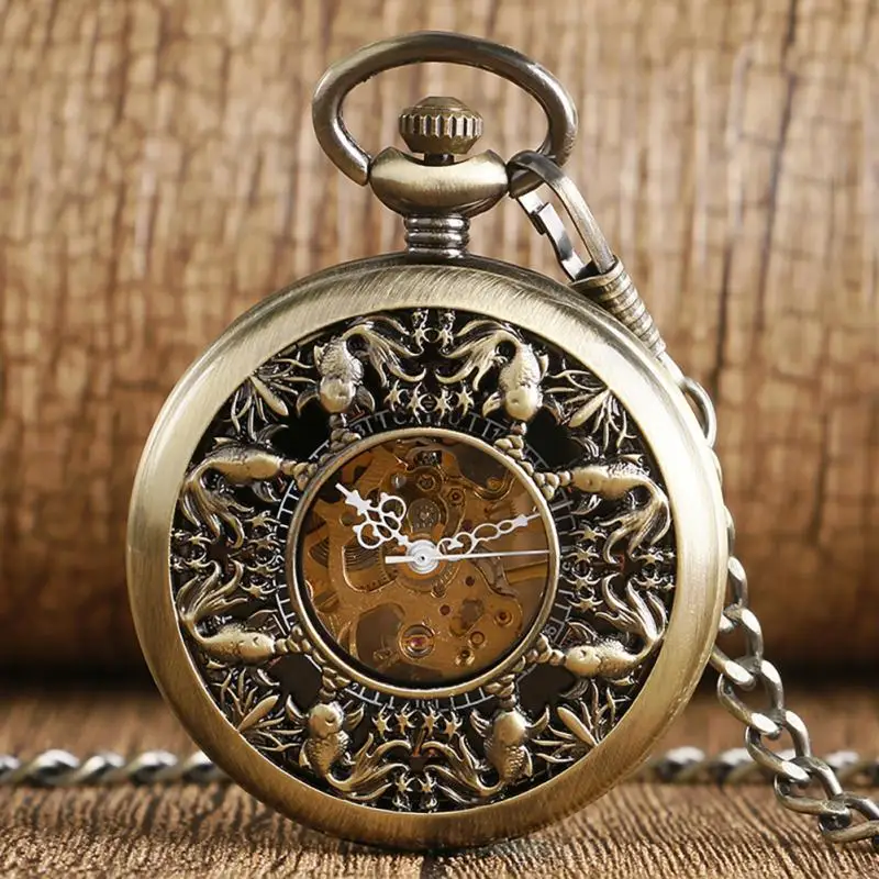 Bronze Hollow Fish Steampunk Hand-winding Mechanical Pocket Watch Pendant Fob Chain Clock for Women Men Gift Reloj De Bolsillo