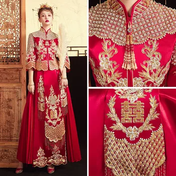 

High Quality Embroidery Add Rhinestone Women Bride Wedding Dress Vintage Button Cheongsam Oriental Classic Tang Suit Vestidos