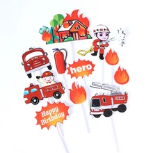 11 pçs bombeiros herói feliz aniversário bolo toppers para desenhos animados festa de carro decoração do aniversário do miúdo cupcake toppers carro da casa de bombeiros(China)