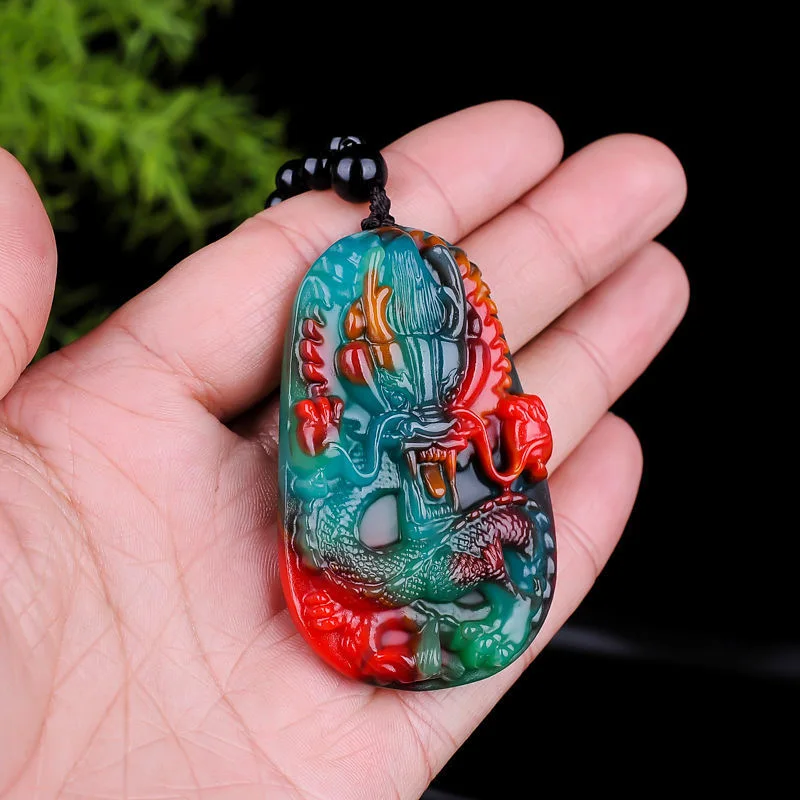Jade Dragon Necklace Pendant Amulet Vintage Natural Carved Gift Jadeite