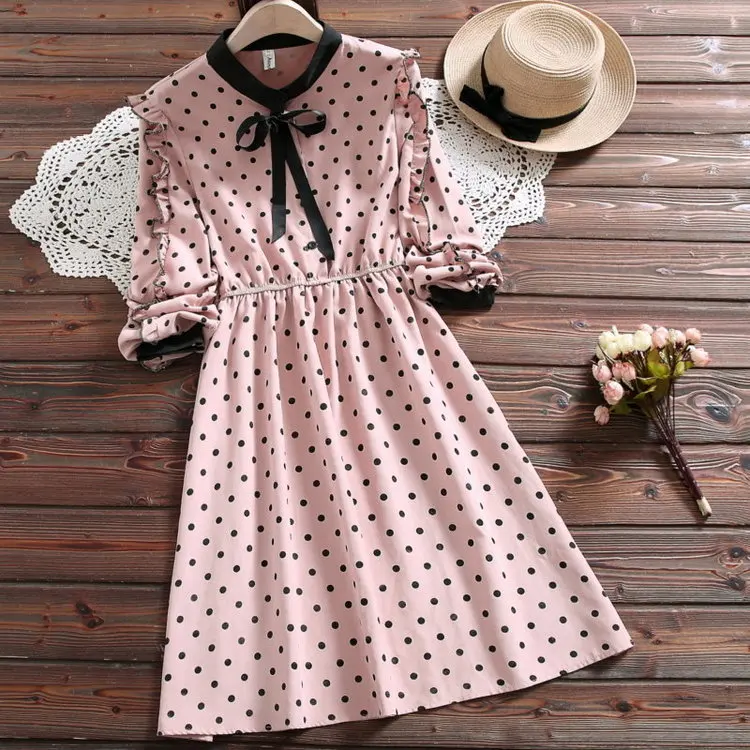 

Autumn New Style Hipster Bow Lace Waist Hugging Slimming Long-sleeved Dress Polka Dot Printed Base Skirt S28623
