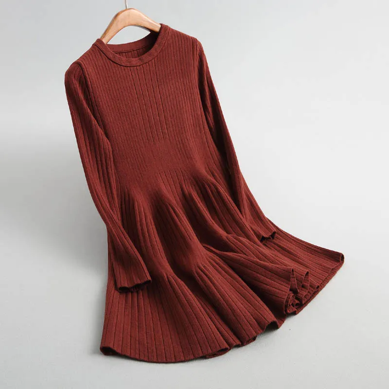 J820 женское осеннее платье-свитер с круглым вырезом, длинным рукавом, тонкой талией и большим низом, корейская мода, подходит ко всему, вязанное платье - Цвет: Коричневый