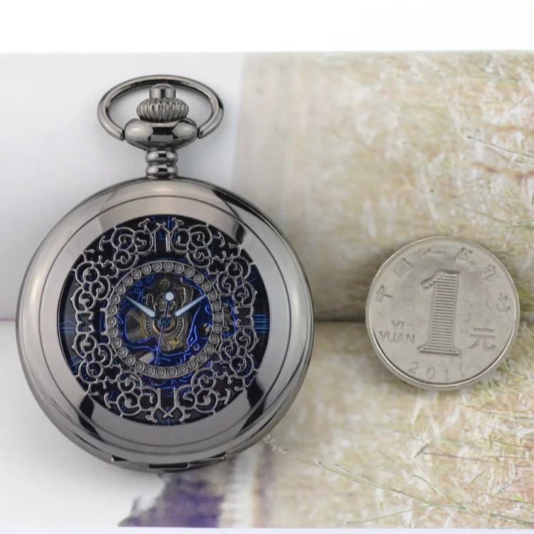 Синий цвет стимпанк Скелет механический карманные часы ожерелье карманные, на цепочке мужские часы старинные классические