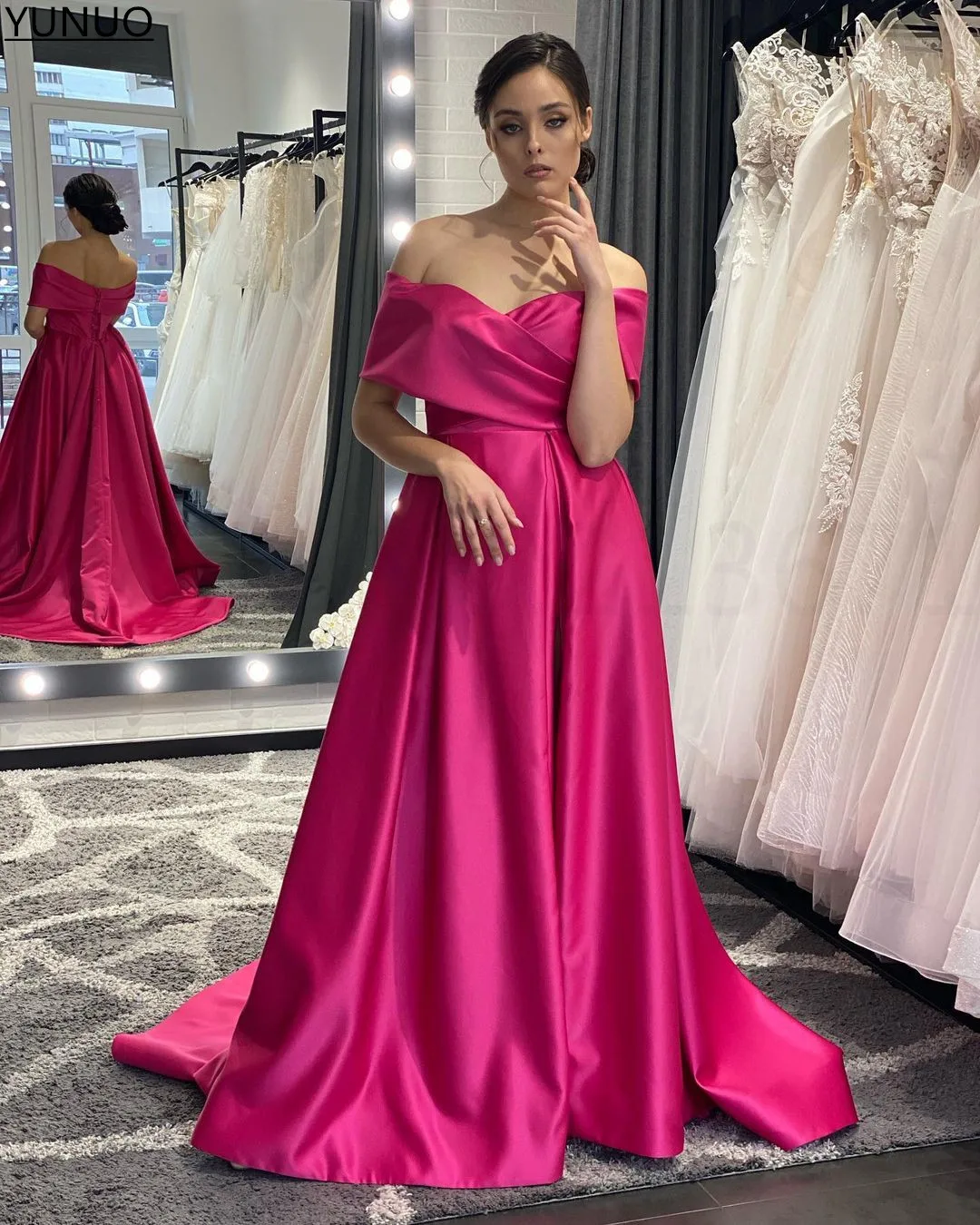 YUNUO 2022 Satin A-line Evening Dress Off The Shoulder Party Formal Gowns vestidos de noche Long Side Slit Women Prom Dresses evening maxi dresses