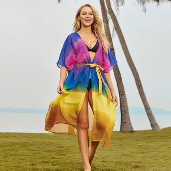 

Swimwear Women Cover Up Bathing Clothes Tunics Cover-Ups Chiffon Rainbow Cardigan Outside Beach Bikini Smock Swimsuit With
