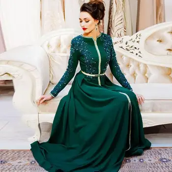 

Green Excellent Aline Evening Dress Applique Beads Dubai Arabic Saudi Arabian Vestidos De Festa Prom Plus