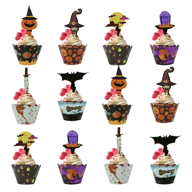 24Pcs Halloween Decoration Cupcake Wrapper Cup Muffins Horror Pumpkin Witch Bat Cake Toppers For Home Halloween Party Cake Decor 2