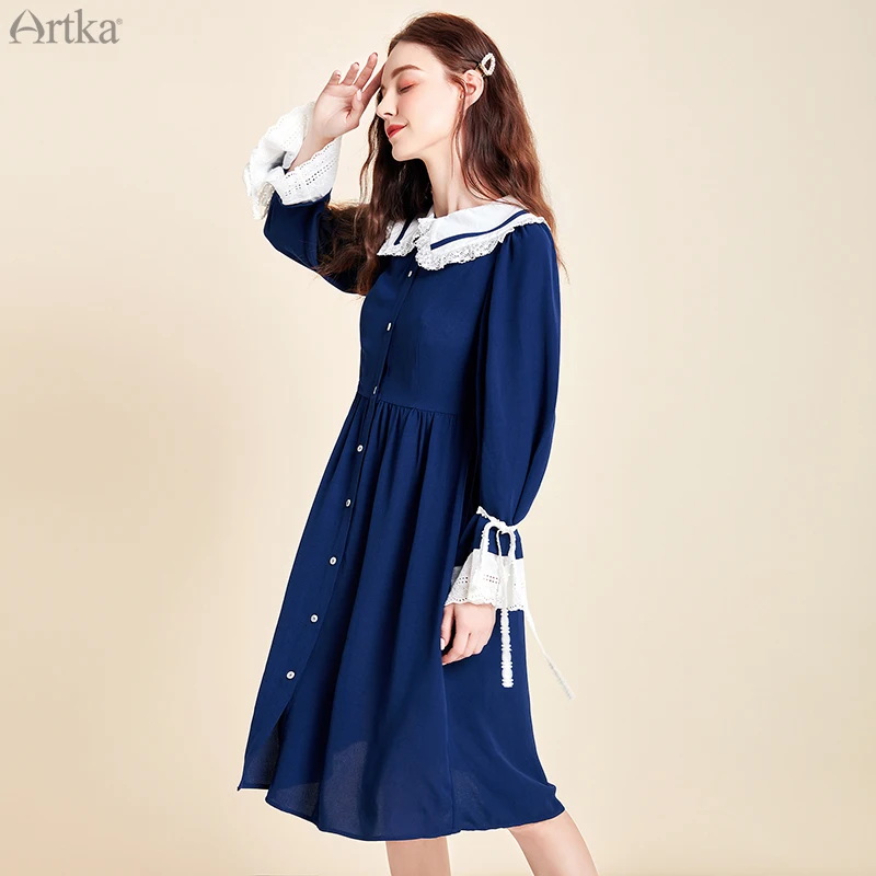 Женское длинное шифоновое платье ARTKA белое элегантное винтажное с воротником