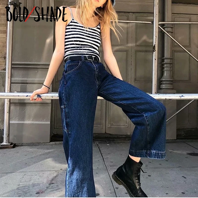 

Bold Shade Streetwear 90s Skater Girl Straight Pants Solid High Waist Loose Jeans Autumn Fashion Grunge Vintage Demin Trousers