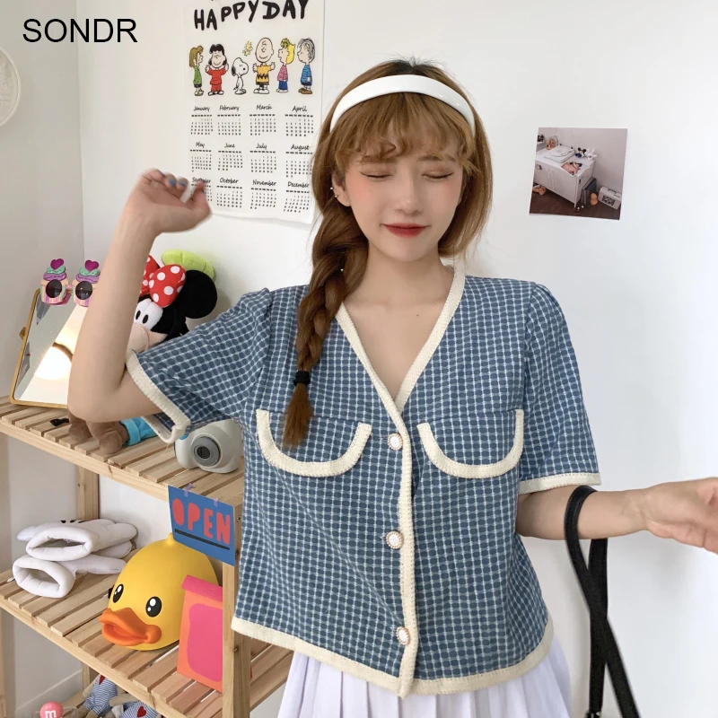 

Spring Summer Fashion Vintage Plaid Printing Knitted Cardigan Shirt New One Piece Korean Chic Short Sleeve Shirt Sweet Blouse