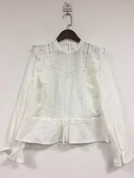 

Women Shirt 2020 Spring and Summer New Solid Color Round Neck Court Style Embroidered Retro Long-sleeved Shirt Women