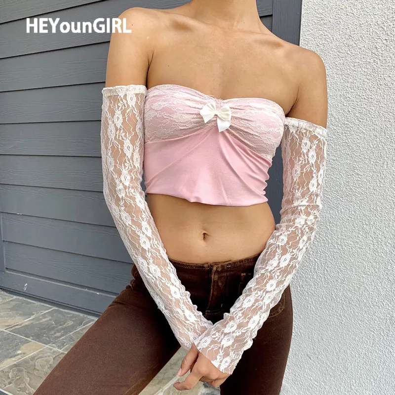 HEYounGIRL кружевные топы с открытыми плечами кроп Топ женский розовый пот милые Y2K