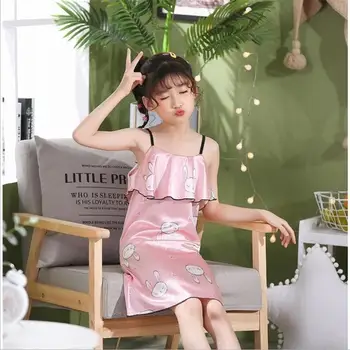 

Children Girls Sleepwear Teenage Girl Sleep Wear Kids Pajamas Sleeveless Silk Summer Nightgown For Girls Nightwear 2-12y