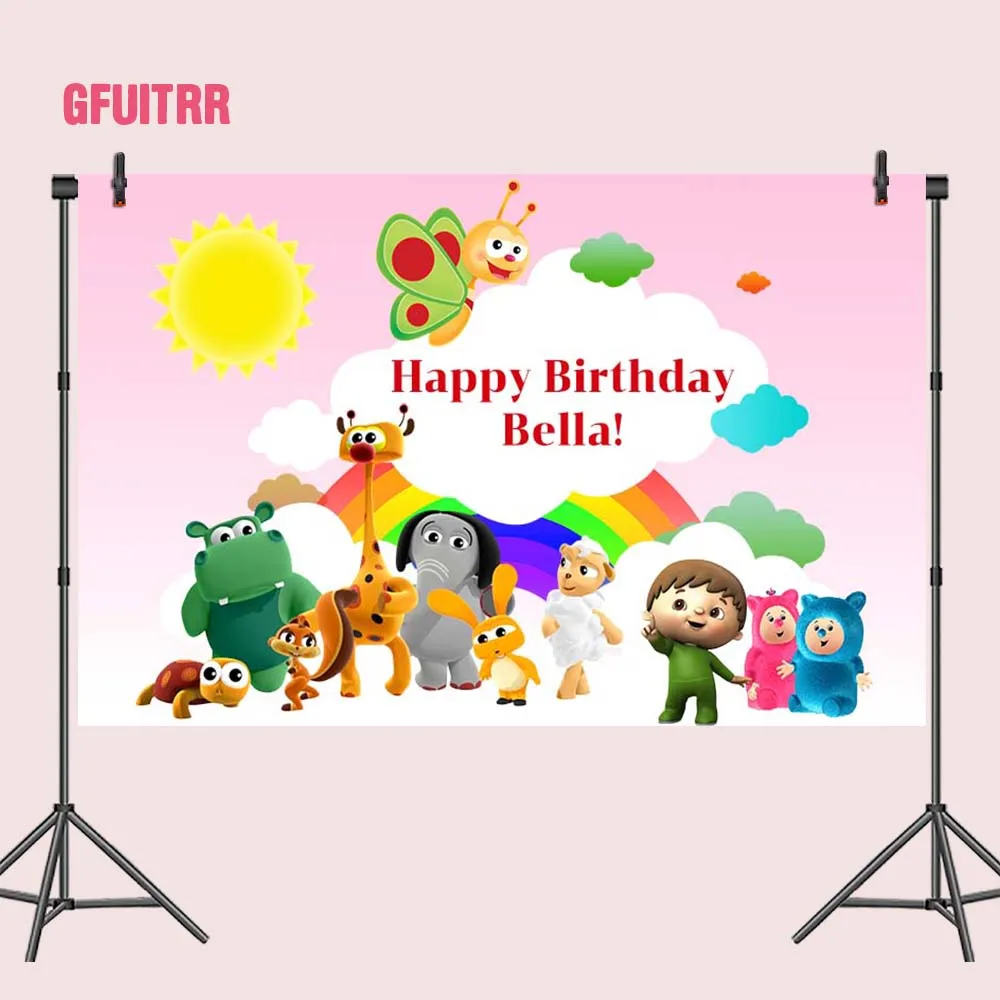 GFUITRR Cartoon TV Babies Photography Backdrops Birthday Party Photo Backgrounds Sun Blue Sky Clouds Animals Vinyl Polyester 