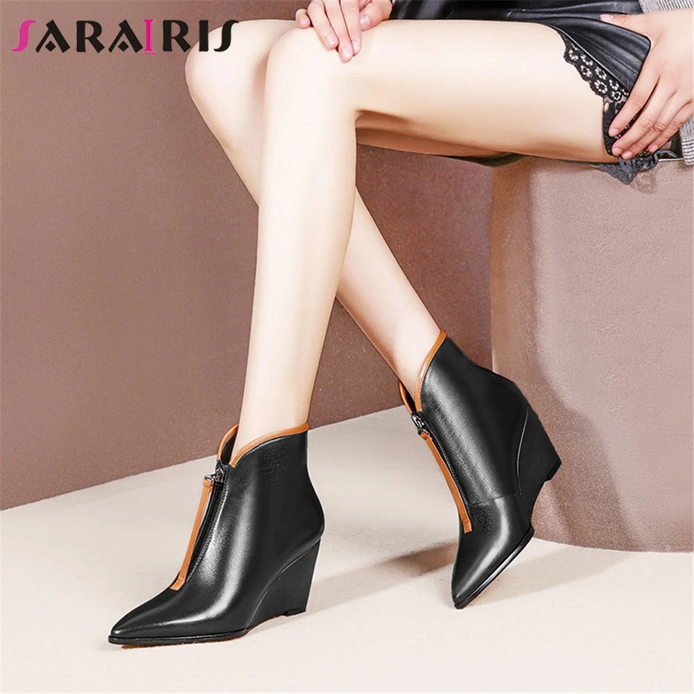 

SARAIRIS Brand Genuine Leather Pointed Toe Ankle Boots Women Fashion Zipper Wedges Booties Ladies High Heels OL Shoes Woman