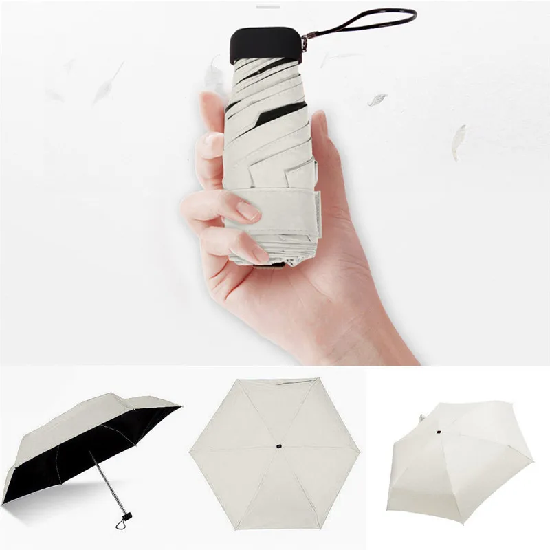 Карманный мини-зонтик от дождя, Женский Ветрозащитный прочный 5 складных солнцезащитных зонтов, портативный солнцезащитный зонтик для женщин - Color: Beige