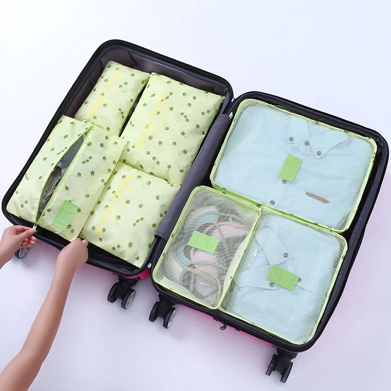 Hot Fashion Travel Waterproof Clothes Storage bags Luggage Pouch Packing Cube Solid Portable Organizer 7 pcs/set - Цвет: green cherry