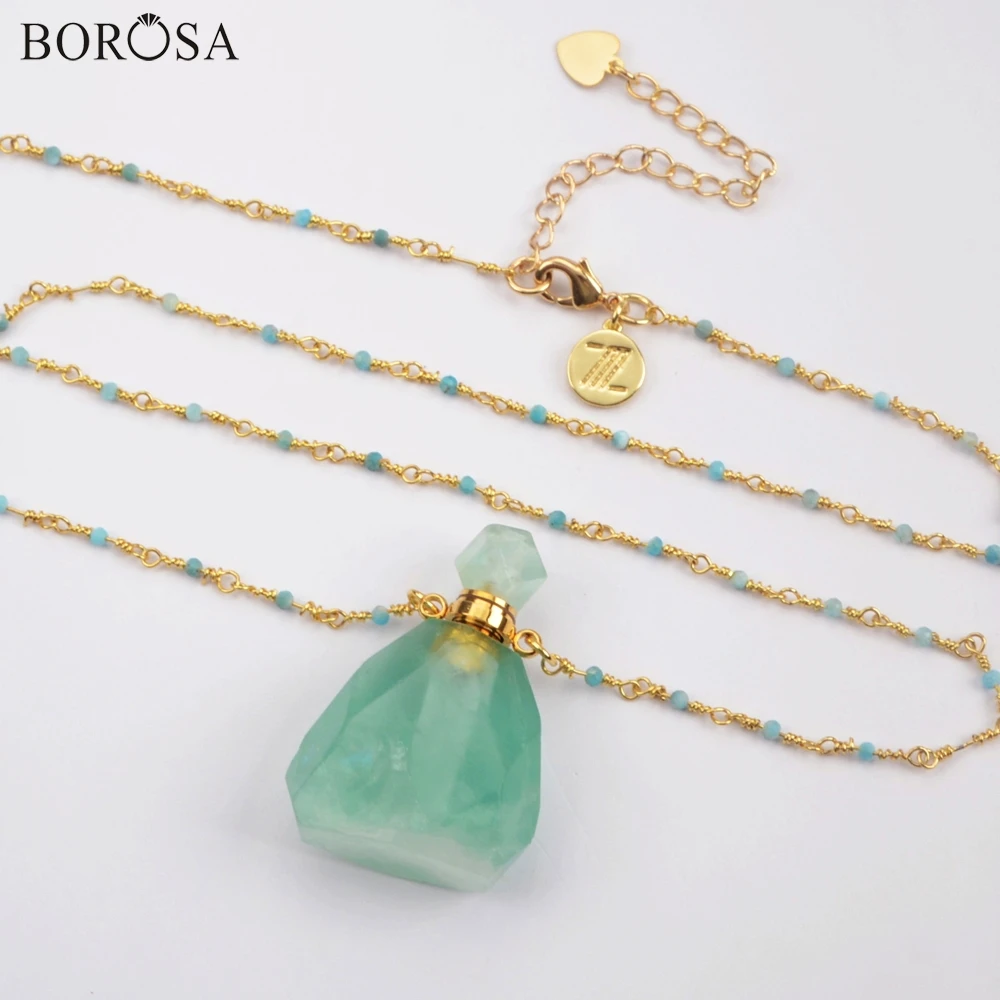 BOROSA Perfume Bottle Natural Multi-Kind Stone White Quartz Amazonite Amethysts 26inch Bead Chains Necklace Jewelry HD0091