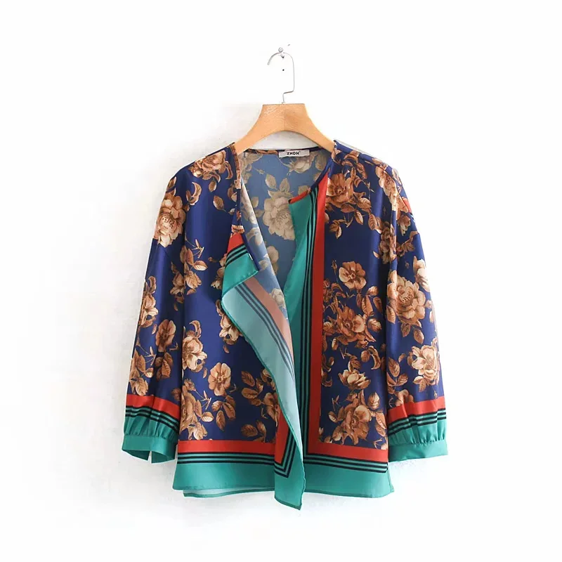 Fashion Za Women Shirt Vintage Floral Printed Casual V-Neck Shirts Blouses Loose Ladies Long Sleeve Blusas Tops