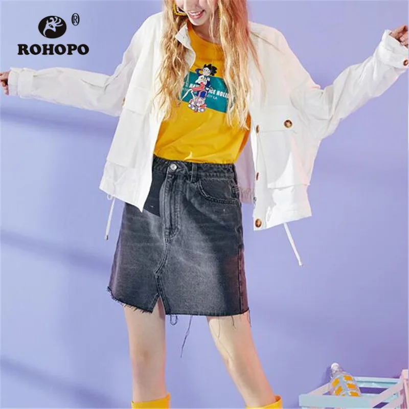 

ROHOPO Big Buttons Side Pockets Belted Waisted White Jacket Stand Collar Solid Streetwear Female Sunscreen Outwear #1669