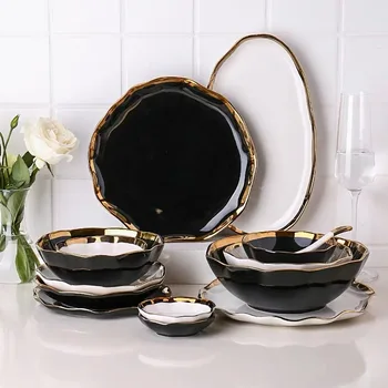 

Ceramic Dinner Plate Tableware Set Tableware For 2/4 person 9/18pcs White Black Salad Bowl Saucer Soup Spoon Oval Fish Plate