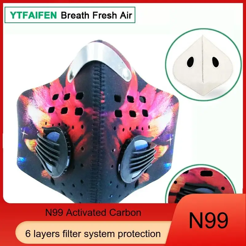 

Cycling Sports Activated Carbon Face Mask Anti Pollution Dust Smog Virus PM2.5 Bike 2 Valves 2 N99 Filters for Running Bisiklet