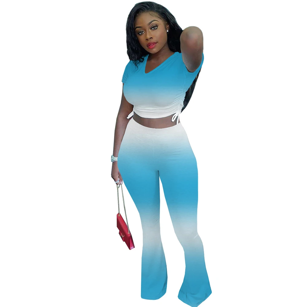 

Gradient Tie Dye Print 2 Piece Set Women's Tracksuit Ruched Drawstring Short Sleeve Crop Top and Bell Bottom Pant Casual Outfits