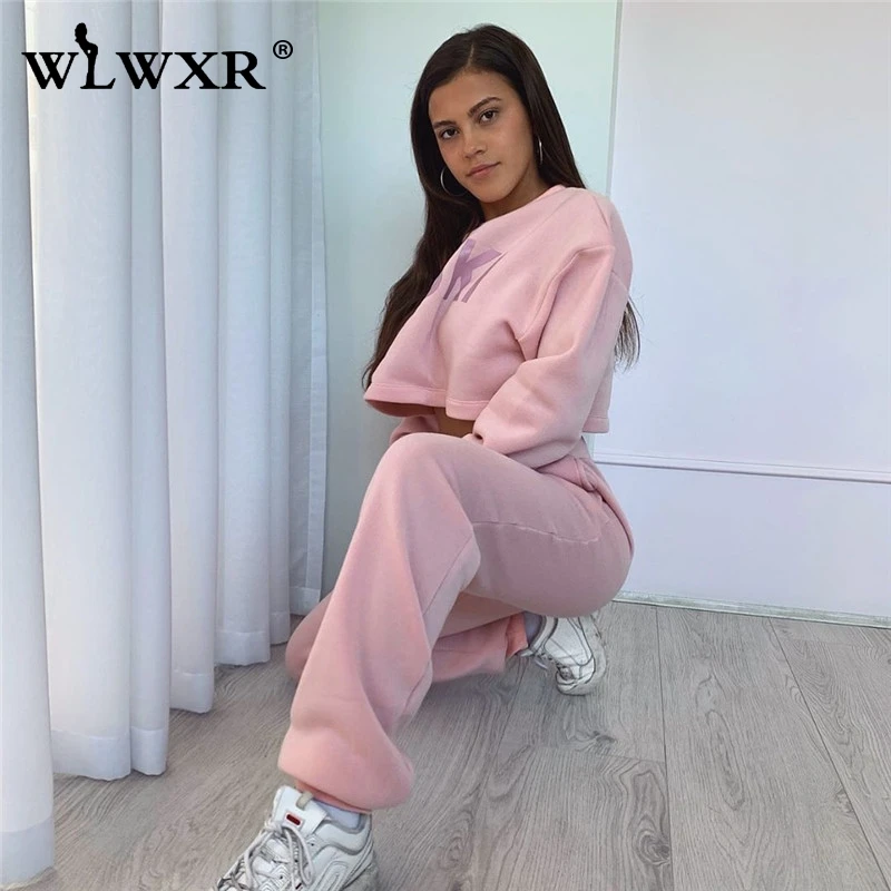 WLWXR уличная комплект из двух предметов женский укороченный топ розовый наряд негабаритный Свитшот брюки женский спортивный костюм