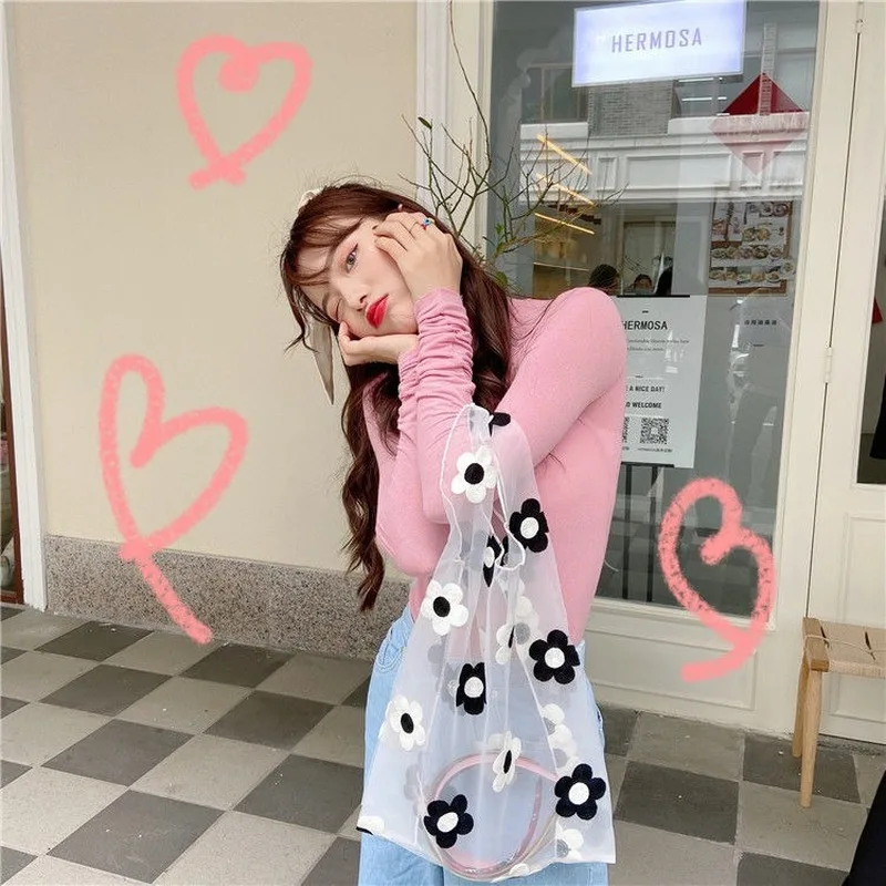 

Japanese ins European root yarn fairy bag fresh flower embroidery cute transparent mesh shopping bag student hand bag