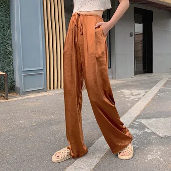 

2020 Elegant Drape Loose Pants Summer Women's Versatile Retro Floor-Length Pants Loose-Fit CHIC High-waisted Satin Pants