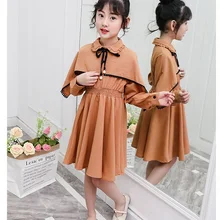 Трендовое весенне-осеннее модное платье с длинными рукавами для девочек, Новое Стильное однотонное весеннее платье-рубашка с бантом для девочек