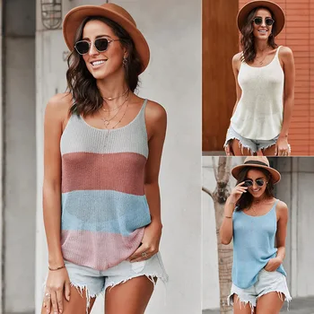 

Knitted Camisole Top Female Contrast 2020 Summer New Leisure round Neckline Top Female