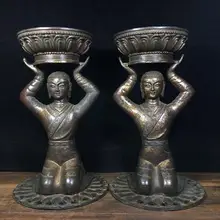 

Home Decor 9" Tibet Buddhism Temple Old Bronze Cinnabars Maid Oil Lamp Classical beauty statue Holding wax table