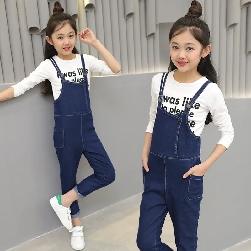 

Children's clothing new girls denim overalls + T-shirt spring and autumn children's conjoined trousers women
