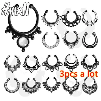 3PCS New fashion crystal Black Fake septum Piercing nose ring Hoop For Women faux clip clicker