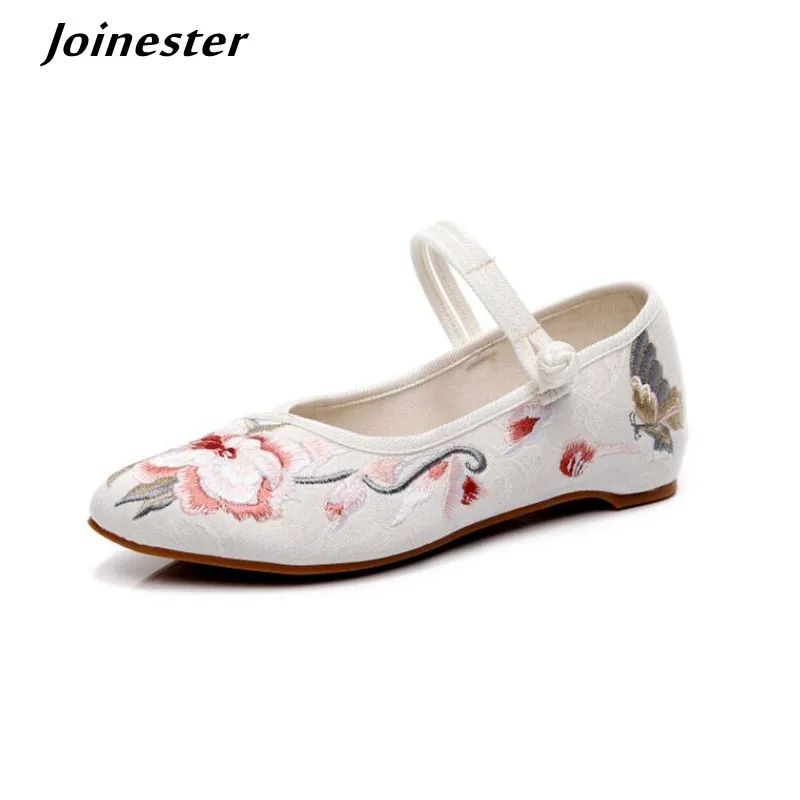 

Pointed Toe Ankle Strap Female Dancing Shoe Ethnic Embroider Mary Jane Pumps for Women Cotton Fabric Espadrilles Soft Mum Shoes